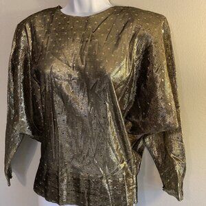Vintage 1970s Disco Top Blouse Metallic Gold Medium Polka Dot NOS Deadstock